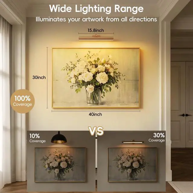 Alt view image 4 of 7 - Picture Light for Wall, 5000mAh Rechargeable Cordless Wall Light,15.8'' Dimmable 3 Color Temperatures Magnetic Poster Light with Controller and Timer for Gallery, Living Room, Hallway(Gold)