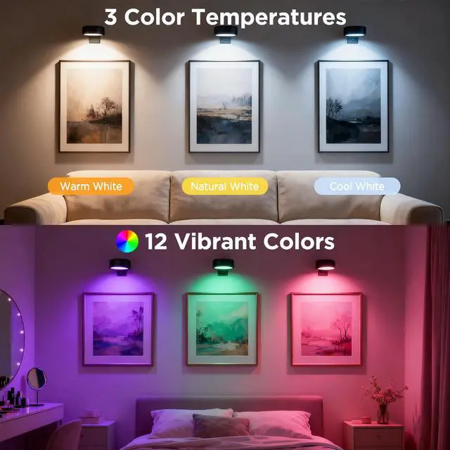 Alt view image 2 of 7 - 4-Pack Picture Lights for Wall, Rechargeable Wireless Poster Lights, Black | LED Magnetic Painting Lights with 3CCT&12RGB, LED Art Display Light with Remote(Dimmable&Timer) for Frame Gallery Wall Deco