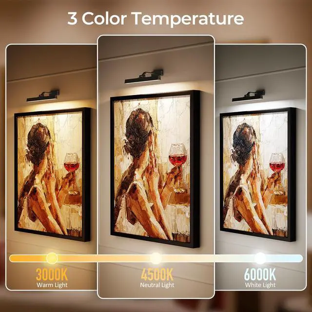 Alt view image 4 of 7 - Picture Lights for Wall, Battery Operated Picture Light 16in Gallery Light for Paintings CCT Dimmable Recharging Battery Wall Light with Remote Control for Living Room Gallery Dartboard Art Bathroom