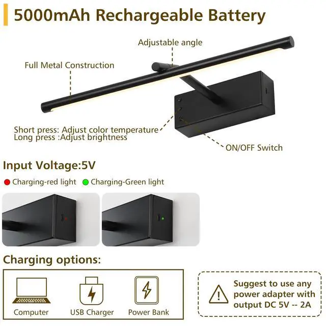 Alt view image 6 of 7 - 16in Wireless Picture Light, Battery Operated LED Wall Sconce | Dimmable 3 Color Temperature Gallery Lighting with Timer for Artwork, Painting, Wall Decor Display and Home Decoration