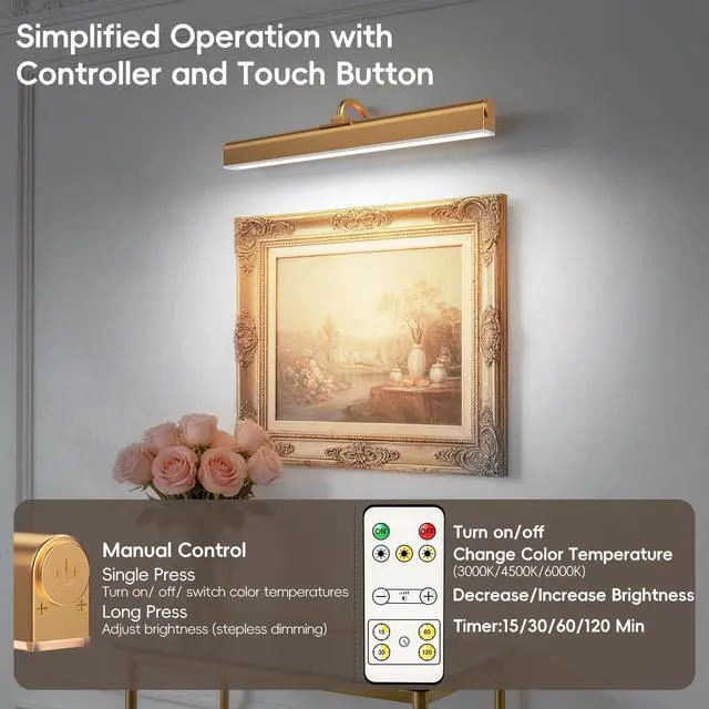 Alt view image 5 of 7 - Picture Light for Wall, 5000mAh Rechargeable Cordless Wall Light,15.8'' Dimmable 3 Color Temperatures Magnetic Poster Light with Controller and Timer for Gallery, Living Room, Hallway(Gold)