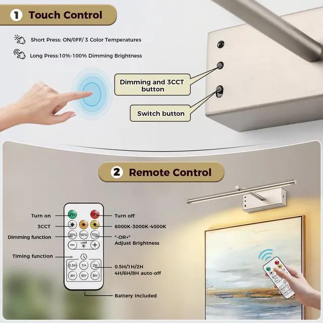 Alt view image 4 of 7 - JOOSENLUX Battery Operated Picture Light 3CCT Dimmable Wireless Art Light for Paintings with Adjustable Swing Arm, 16-inch Brushed Nickel Gallery Light for Picture Display