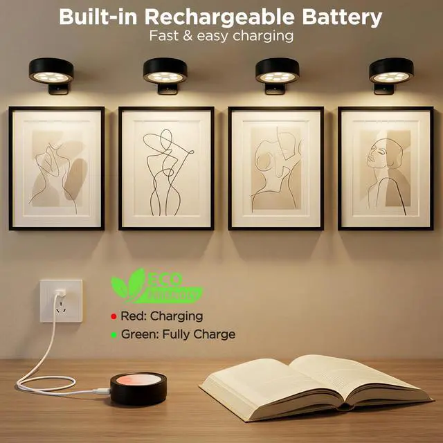 Alt view image 4 of 7 - 4-Pack Picture Lights for Wall, Rechargeable Wireless Poster Lights, Black | LED Magnetic Painting Lights with 3CCT&12RGB, LED Art Display Light with Remote(Dimmable&Timer) for Frame Gallery Wall Deco