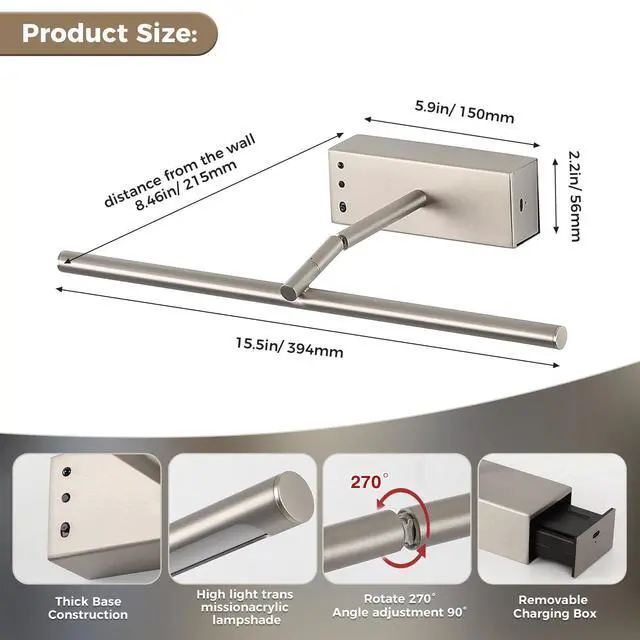 Alt view image 5 of 7 - JOOSENLUX Battery Operated Picture Light 3CCT Dimmable Wireless Art Light for Paintings with Adjustable Swing Arm, 16-inch Brushed Nickel Gallery Light for Picture Display