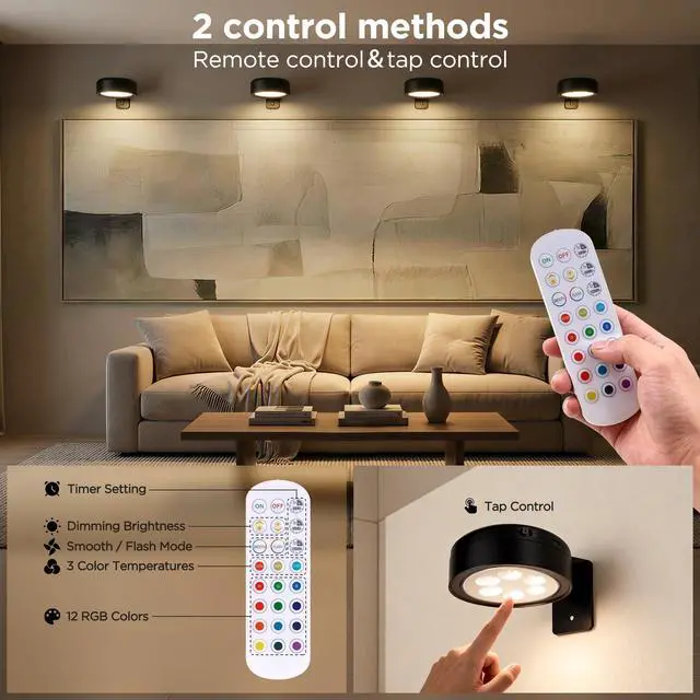 Alt view image 5 of 7 - 4-Pack Picture Lights for Wall, Rechargeable Wireless Poster Lights, Black | LED Magnetic Painting Lights with 3CCT&12RGB, LED Art Display Light with Remote(Dimmable&Timer) for Frame Gallery Wall Deco