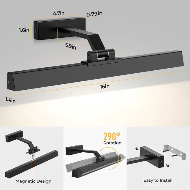 Alt view image 7 of 7 - Picture Lights for Wall, Battery Operated Picture Light 16in Gallery Light for Paintings CCT Dimmable Recharging Battery Wall Light with Remote Control for Living Room Gallery Dartboard Art Bathroom