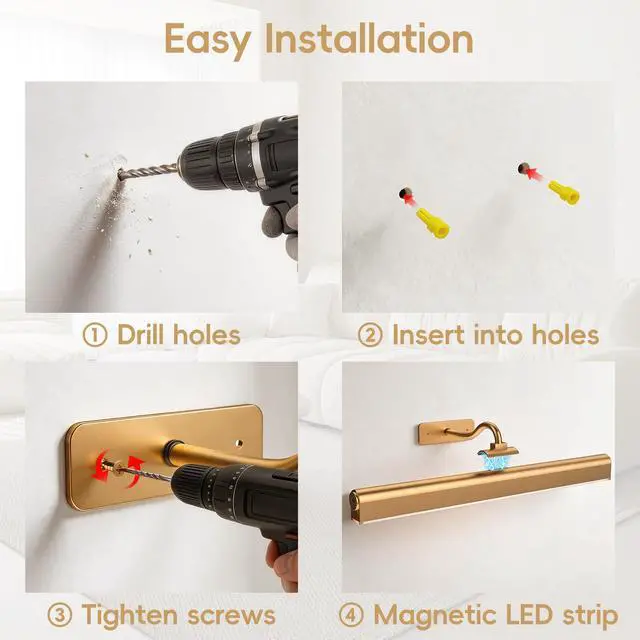 Alt view image 7 of 7 - Picture Light for Wall, 5000mAh Rechargeable Cordless Wall Light,15.8'' Dimmable 3 Color Temperatures Magnetic Poster Light with Controller and Timer for Gallery, Living Room, Hallway(Gold)