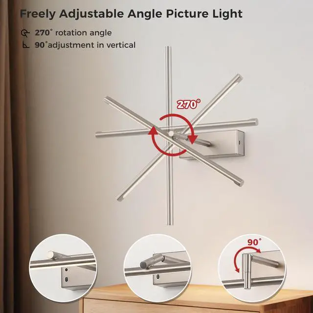 Alt view image 6 of 7 - JOOSENLUX Battery Operated Picture Light 3CCT Dimmable Wireless Art Light for Paintings with Adjustable Swing Arm, 16-inch Brushed Nickel Gallery Light for Picture Display