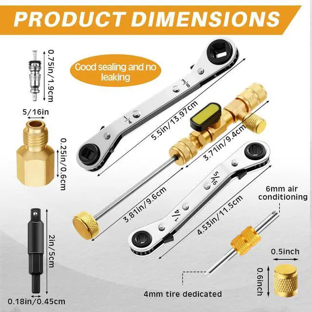 Alt view image 2 of 6 - 18 Pcs Valve Core Remover Installer Tool with Refrigeration Repair Wrench Set Dual Size 3/8 1/4 5/16 3/16 Service Ratchet Wrench with Hex Bit Adapter Cord Alligator Clips Test leads