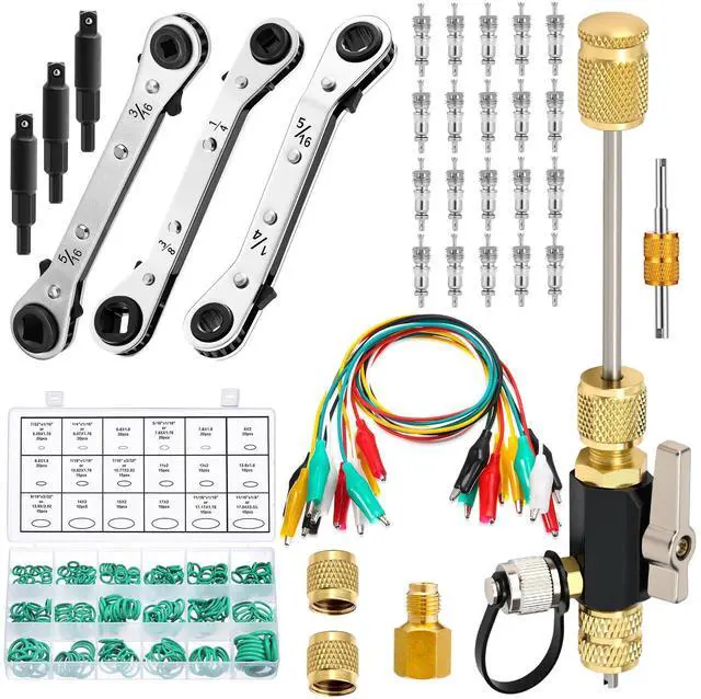 Main image of Tujoe Vacuum-Rated Valve Core Remover Installer Tool with Refrigeration Repair Wrench Set 3/8" 1/4" 5/16" 3/16" Service Ratchet Wrench Hex Bit Adapter Cord Alligator Clips Test Leads