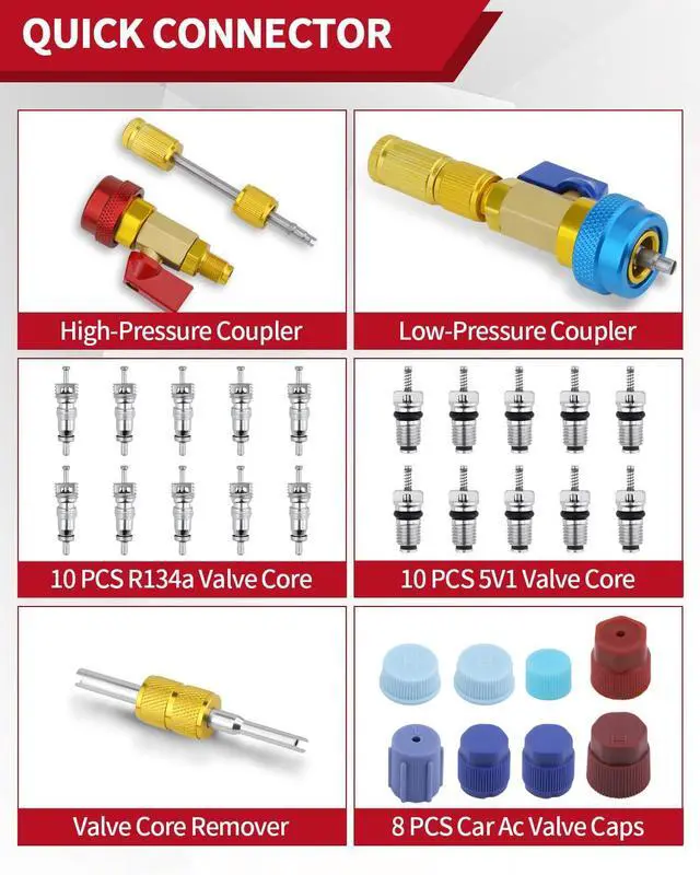 Alt view image 3 of 7 - 31Pcs R134A Valve Core Quick Remover Installer Tool, High Low Pressure AC Valve Core Removal Tool, Valve Removal Tool with Cap Valve Stem for Refrigerant Air Conditioner System