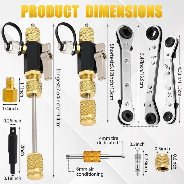 Alt view image 2 of 7 - Tujoe Vacuum-Rated Valve Core Remover Installer Tool with Refrigeration Repair Wrench Set 3/8" 1/4" 5/16" 3/16" Service Ratchet Wrench Hex Bit Adapter Cord Alligator Clips Test Leads
