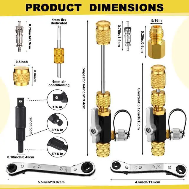 Alt view image 2 of 7 - Dual Head HVAC Valve Core Remover Installer Tool and HVAC Service Wrench Set with Hex Bit Adapter, R22 R12 R407 R410 R404 R32 Adapters, Magnetic Tool Set Pick up Rod and Inspection Mirror