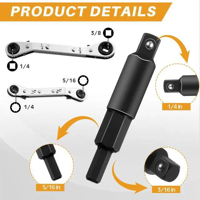 Alt view image 4 of 6 - 18 Pcs Valve Core Remover Installer Tool with Refrigeration Repair Wrench Set Dual Size 3/8 1/4 5/16 3/16 Service Ratchet Wrench with Hex Bit Adapter Cord Alligator Clips Test leads