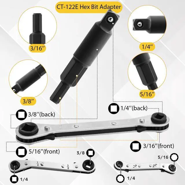 Alt view image 4 of 7 - Tujoe Vacuum-Rated Valve Core Remover Installer Tool with Refrigeration Repair Wrench Set 3/8" 1/4" 5/16" 3/16" Service Ratchet Wrench Hex Bit Adapter Cord Alligator Clips Test Leads