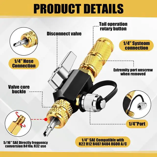 Alt view image 4 of 7 - Dual Head HVAC Valve Core Remover Installer Tool and HVAC Service Wrench Set with Hex Bit Adapter, R22 R12 R407 R410 R404 R32 Adapters, Magnetic Tool Set Pick up Rod and Inspection Mirror