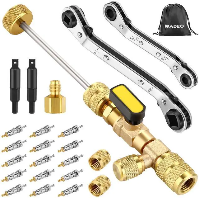 Main image of WADEO 23PCS Valve Core Removal Tool and HVAC Service Wrench Set | with 15 Upgraded Valve Core, Hex Bit Adapters & Storage Bag for R22 R12 R407 R404 R410 R32 R600 Refrigeration System