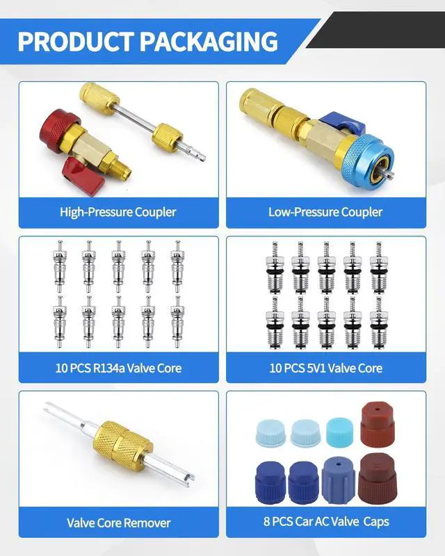 Alt view image 3 of 7 - 31 PCS R134A Valve Core Quick Remover Installer Tool Kit, High Low Pressure AC Valve Core Removal Tool, R134A Valve Core AC Service Port Cap Valve Stem for Refrigerant Air Conditioner System
