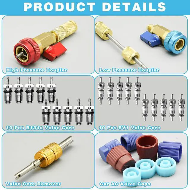 Alt view image 3 of 7 - 31Pcs R134A Valve Core Quick Remover Installer Tool Set, High Low Pressure AC Valve Core Removal Tool with R134A Valve Core AC Service Port Cap Valve Stem Kit for Refrigerant Air Conditioner System