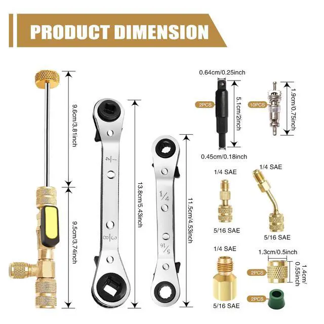 Alt view image 2 of 7 - Wayona 22Pcs Valve Core Removal Tool and HVAC Service Wrench Set with Hex Bit Adapters, Dual Size SAE 1/4 & 5/16 Port, 3/16'' to 3/8'', 5/16'' x 1/4'' Refrigeration Service Wrench, 10pcs Valve Core