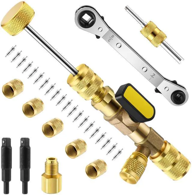 Main image of Dreyoo Valve Core Removal Tool HVAC, Valve Core Remover Installer Tool | 1 Pcs HVAC Service Wrench, 20 Pcs Valve Cores Seal, 5 Pcs Brass Nuts, 1 Pcs Valve Core Rod, 3 Pcs Hex Bit Adapters
