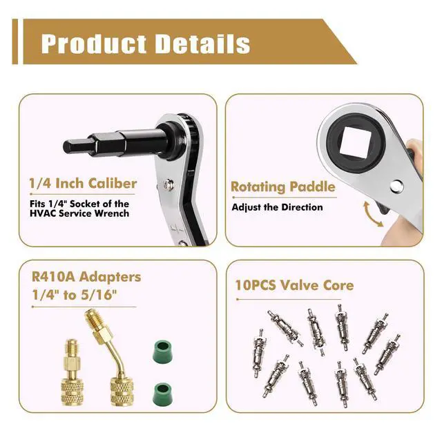 Alt view image 7 of 7 - Wayona 22Pcs Valve Core Removal Tool and HVAC Service Wrench Set with Hex Bit Adapters, Dual Size SAE 1/4 & 5/16 Port, 3/16'' to 3/8'', 5/16'' x 1/4'' Refrigeration Service Wrench, 10pcs Valve Core