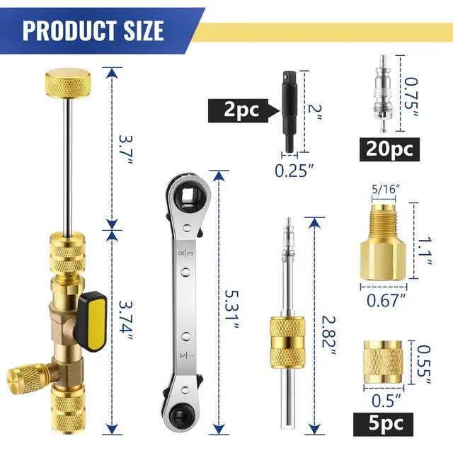 Alt view image 5 of 7 - Dreyoo Valve Core Removal Tool HVAC, Valve Core Remover Installer Tool | 1 Pcs HVAC Service Wrench, 20 Pcs Valve Cores Seal, 5 Pcs Brass Nuts, 1 Pcs Valve Core Rod, 3 Pcs Hex Bit Adapters