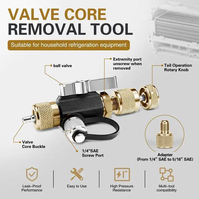 Alt view image 3 of 6 - HVAC Valve Core Removal Tool Set,HVAC Service Wrench Set with Hex Bit Adapters,Dual Size SAE 1/4 to 5/16 Port, 5/16'', 3/8'' Refrigeration Service Wrench,10 Valve Core,20 Microns Vacuum