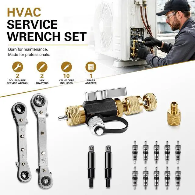 Alt view image 5 of 6 - HVAC Valve Core Removal Tool Set,HVAC Service Wrench Set with Hex Bit Adapters,Dual Size SAE 1/4 to 5/16 Port, 5/16'', 3/8'' Refrigeration Service Wrench,10 Valve Core,20 Microns Vacuum