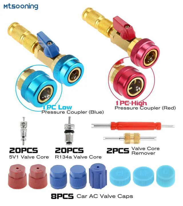 Alt view image 6 of 7 - R134A Refrigerant AC Valve Core Remover Installer Tool Set | AC High/Low Pressure Valve Core Removal Tool with Valve Core,AC Service Port Cap,Valve Stem for Auto Air Conditioning Systems