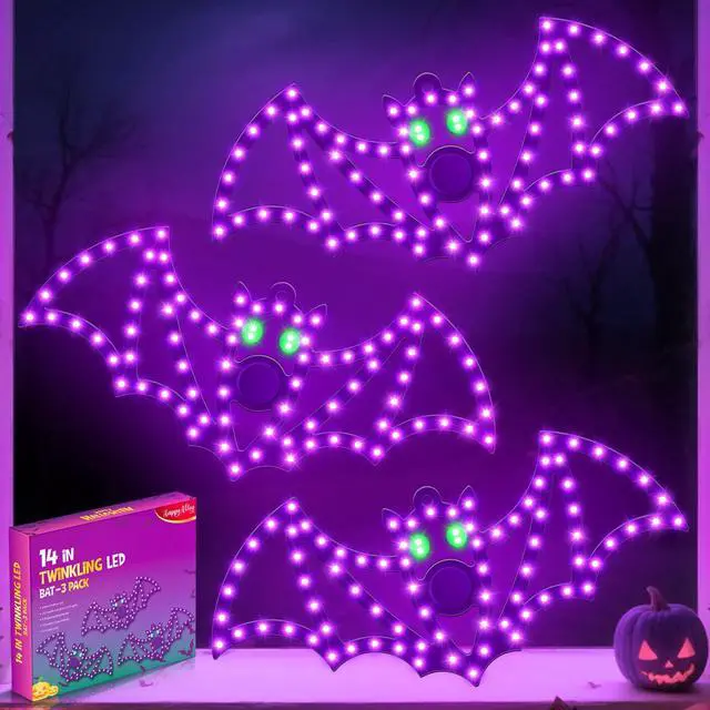 Main image of 3 Pack 14" Halloween Classics Twinkling LED Bats, Hi-Vibrant Aluminum Frame Bats Window Silhouette Lights, Purple and Green LED Lights, Holiday Indoor Outdoor Decoration