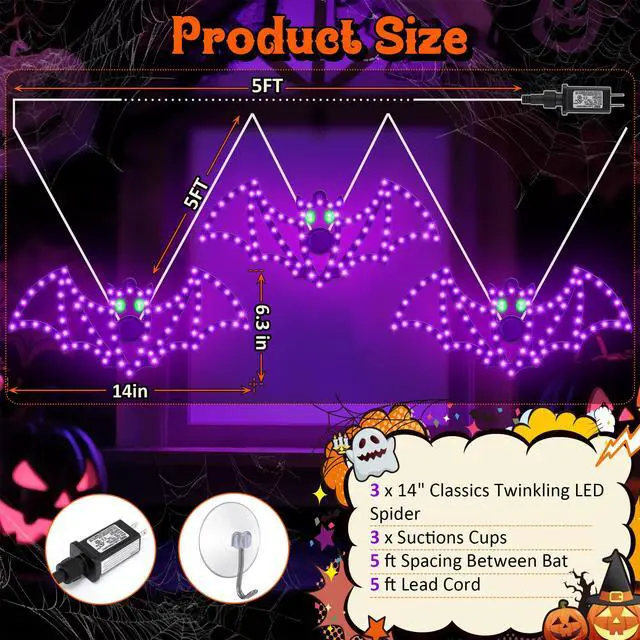 Alt view image 2 of 7 - 3 Pack 14" Halloween Classics Twinkling LED Bats, Hi-Vibrant Aluminum Frame Bats Window Silhouette Lights, Purple and Green LED Lights, Holiday Indoor Outdoor Decoration