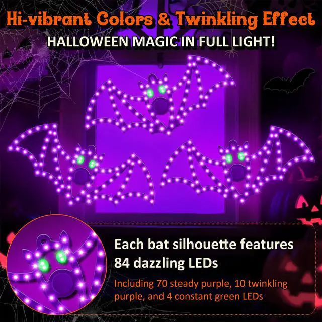 Alt view image 3 of 7 - 3 Pack 14" Halloween Classics Twinkling LED Bats, Hi-Vibrant Aluminum Frame Bats Window Silhouette Lights, Purple and Green LED Lights, Holiday Indoor Outdoor Decoration
