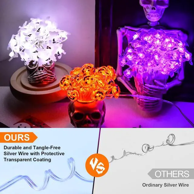 Alt view image 4 of 7 - cshare Halloween String Lights, Pumpkin Ghost Bats Mini Halloween Lights with Timer Indoor Battery Operated 9.8ft 30LED Trick or Treat Decorations for Home Decor Indoor Party Holiday