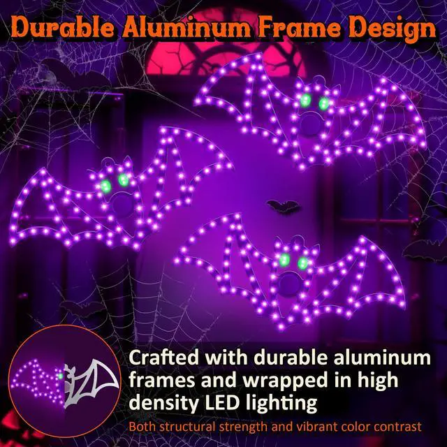 Alt view image 4 of 7 - 3 Pack 14" Halloween Classics Twinkling LED Bats, Hi-Vibrant Aluminum Frame Bats Window Silhouette Lights, Purple and Green LED Lights, Holiday Indoor Outdoor Decoration