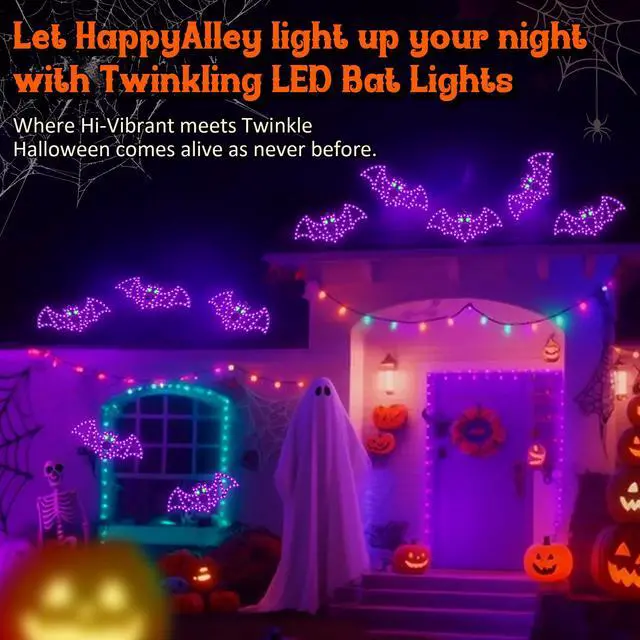 Alt view image 5 of 7 - 3 Pack 14" Halloween Classics Twinkling LED Bats, Hi-Vibrant Aluminum Frame Bats Window Silhouette Lights, Purple and Green LED Lights, Holiday Indoor Outdoor Decoration
