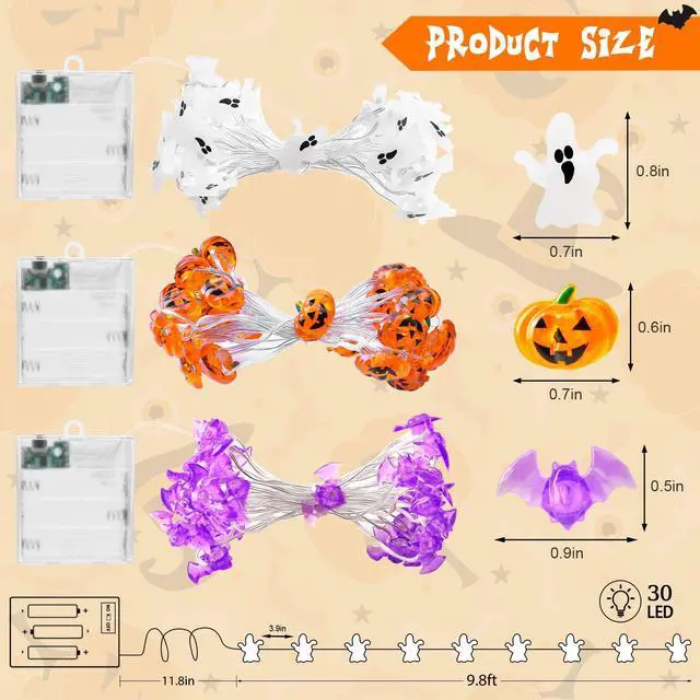 Alt view image 7 of 7 - cshare Halloween String Lights, Pumpkin Ghost Bats Mini Halloween Lights with Timer Indoor Battery Operated 9.8ft 30LED Trick or Treat Decorations for Home Decor Indoor Party Holiday