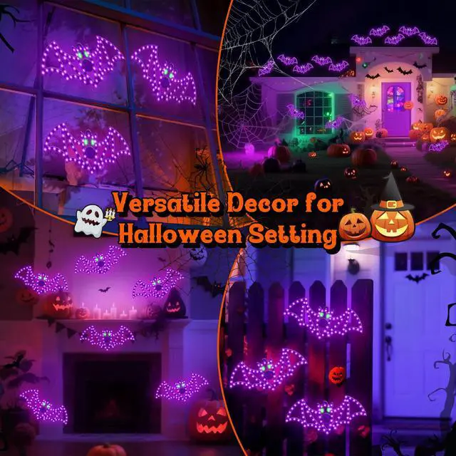 Alt view image 6 of 7 - 3 Pack 14" Halloween Classics Twinkling LED Bats, Hi-Vibrant Aluminum Frame Bats Window Silhouette Lights, Purple and Green LED Lights, Holiday Indoor Outdoor Decoration
