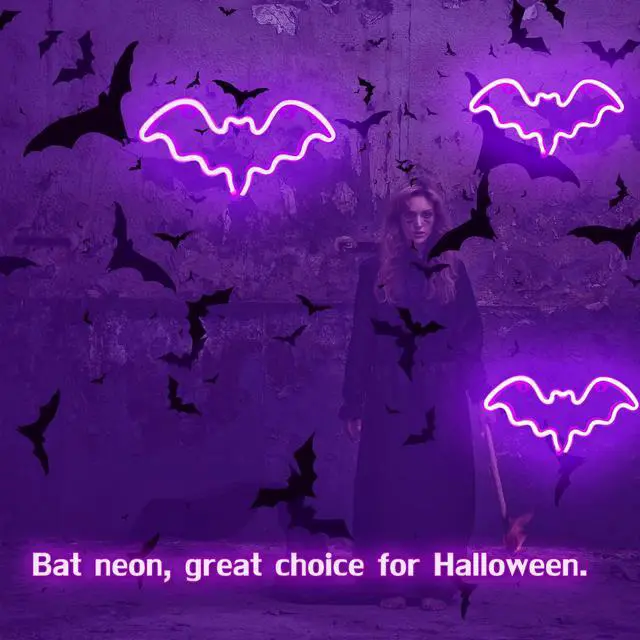 Alt view image 2 of 7 - Halloween Bat Neon Sign Purple Bat LED Neon Light Sign for Wall Decor | Bat Shape Lamp with Battery or USB Powered for Halloween Party Bar Kids Room Décor
