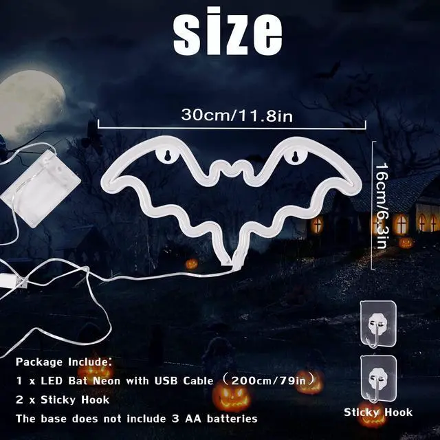Alt view image 3 of 7 - Halloween Bat Neon Sign Purple Bat LED Neon Light Sign for Wall Decor | Bat Shape Lamp with Battery or USB Powered for Halloween Party Bar Kids Room Décor