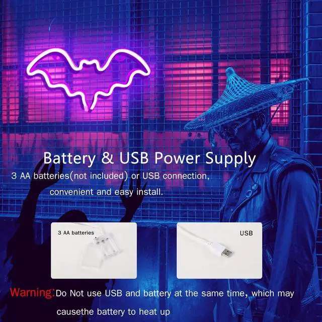 Alt view image 4 of 7 - Halloween Bat Neon Sign Purple Bat LED Neon Light Sign for Wall Decor | Bat Shape Lamp with Battery or USB Powered for Halloween Party Bar Kids Room Décor