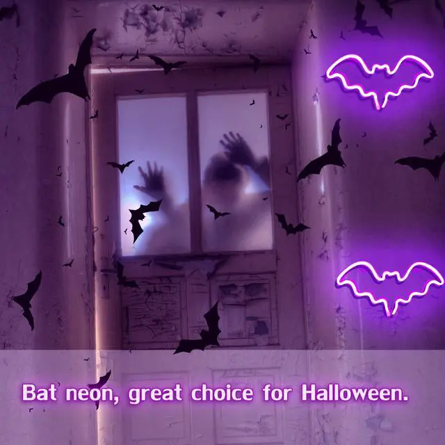 Alt view image 5 of 7 - Halloween Bat Neon Sign Purple Bat LED Neon Light Sign for Wall Decor | Bat Shape Lamp with Battery or USB Powered for Halloween Party Bar Kids Room Décor