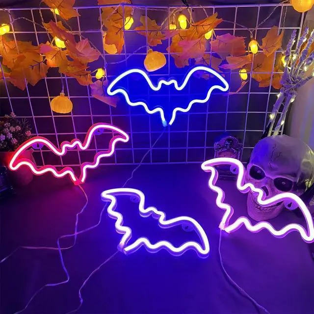 Alt view image 6 of 7 - Halloween Bat Neon Sign Purple Bat LED Neon Light Sign for Wall Decor | Bat Shape Lamp with Battery or USB Powered for Halloween Party Bar Kids Room Décor