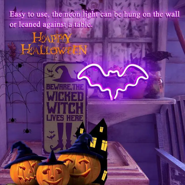 Alt view image 7 of 7 - Halloween Bat Neon Sign Purple Bat LED Neon Light Sign for Wall Decor | Bat Shape Lamp with Battery or USB Powered for Halloween Party Bar Kids Room Décor