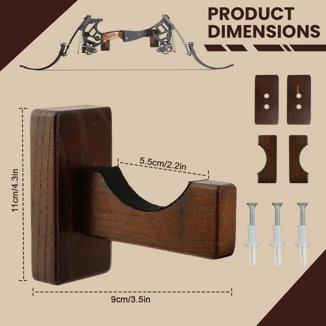 Alt view image 2 of 7 - 2 Pack Universal Wood Bow Rack for Wall, Compound Bow Wall Mount, Bow Hanger Display Archery for Recurve Compound Bow Sword, Hold 1 Bow, Felt Protection and No Scratches