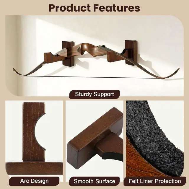 Alt view image 3 of 7 - 2 Pack Universal Wood Bow Rack for Wall, Compound Bow Wall Mount, Bow Hanger Display Archery for Recurve Compound Bow Sword, Hold 1 Bow, Felt Protection and No Scratches