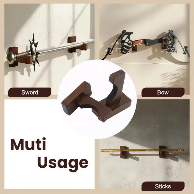 Alt view image 5 of 7 - 2 Pack Universal Wood Bow Rack for Wall, Compound Bow Wall Mount, Bow Hanger Display Archery for Recurve Compound Bow Sword, Hold 1 Bow, Felt Protection and No Scratches