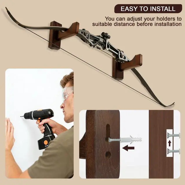 Alt view image 7 of 7 - 2 Pack Universal Wood Bow Rack for Wall, Compound Bow Wall Mount, Bow Hanger Display Archery for Recurve Compound Bow Sword, Hold 1 Bow, Felt Protection and No Scratches