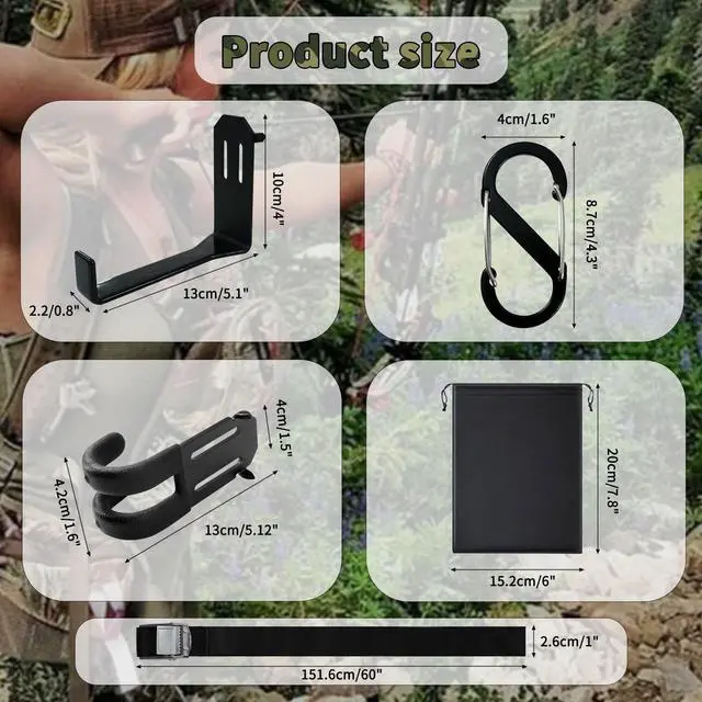 Alt view image 2 of 7 - Treestand Strap Gear Hangers Comes with 3 Metal Gear Hooks and 1 Bow Hanger, for Tree Stand Platform Hunting Gears