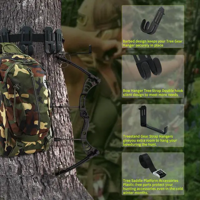 Alt view image 3 of 7 - Treestand Strap Gear Hangers Comes with 3 Metal Gear Hooks and 1 Bow Hanger, for Tree Stand Platform Hunting Gears